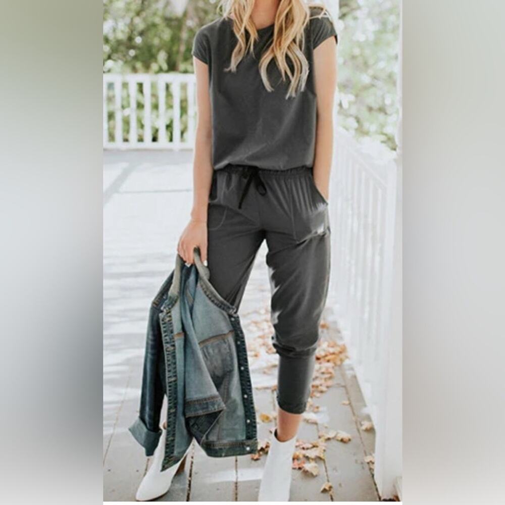 Albion Fit Cap Sleeve Jumpsuit Gray Elastic Waist One Piece XS